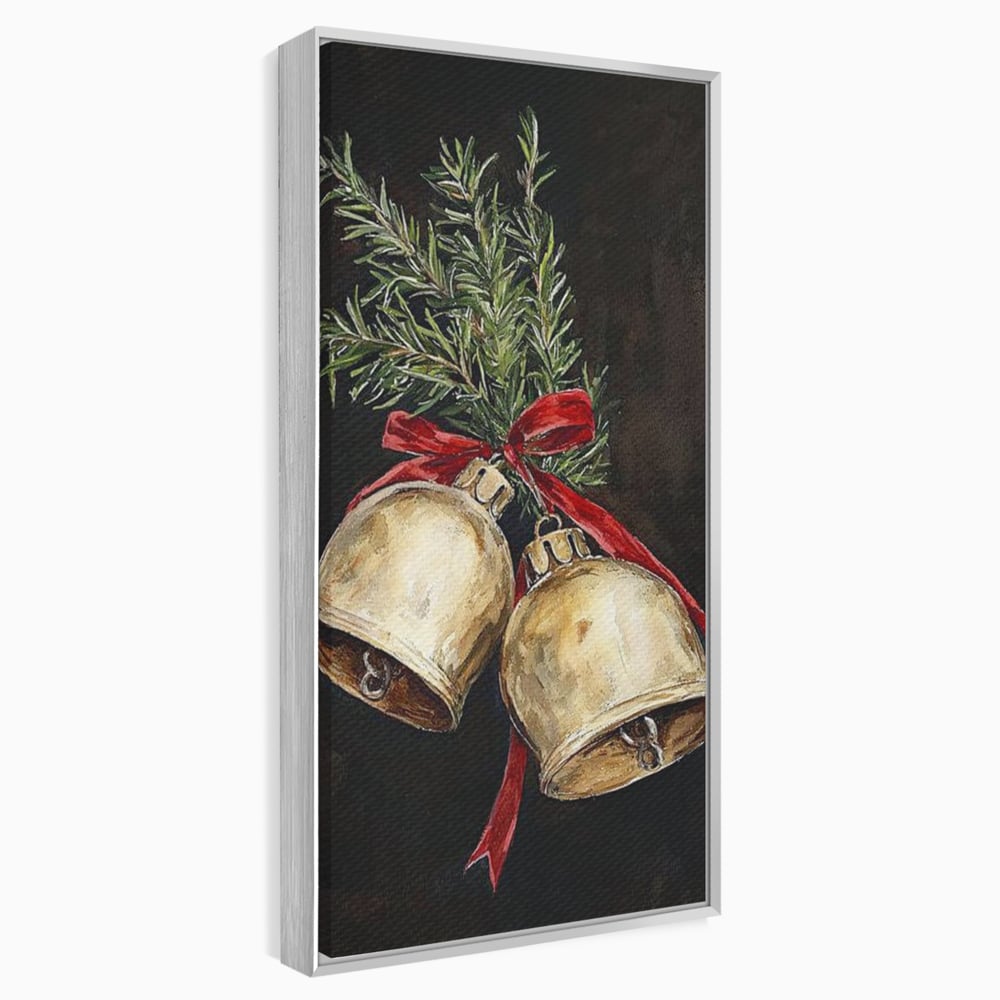 Tablou canvas cu tablou canvas cu clopotei de craciun, in rama de aluminiu argintiu